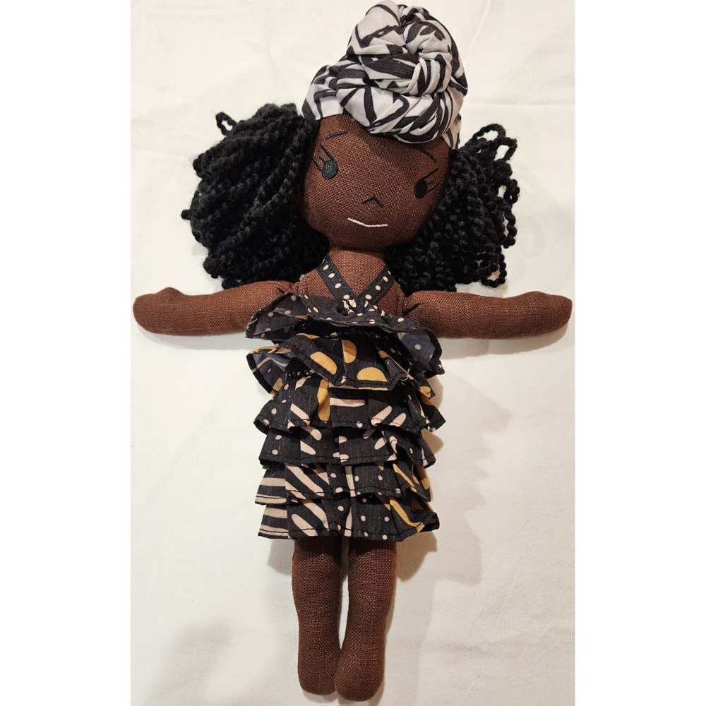 Harperiman Handmade Cloth‎ Rag Doll African American Black Girl Yarn Hair Ruffle